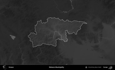 Meteora Belediyesi. Yunanistan 'ın idari alanı kararmış bir gri tonlama yükseklik haritasına vurgulandı ve ana hatları çizildi
