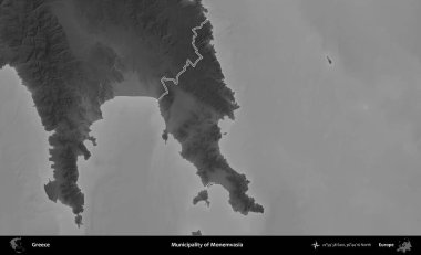 Monemvasia Belediyesi. Yunanistan 'ın idari bölgesi gri ölçekli bir yükselme haritasında özetlendi