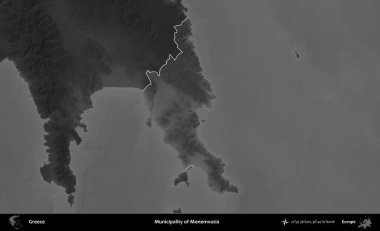 Monemvasia Belediyesi. Yunanistan 'ın idari alanı kararmış bir gri tonlama yükseklik haritasına vurgulandı ve ana hatları çizildi