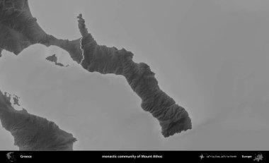 Athos Dağı 'nın manastır topluluğu. Yunanistan 'ın idari bölgesi gri ölçekli bir yükselme haritasında özetlendi