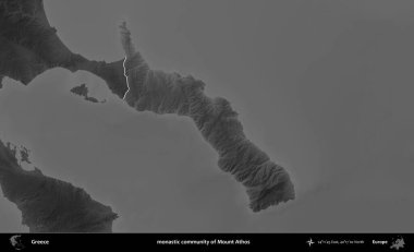 Athos Dağı 'nın manastır topluluğu. Yunanistan 'ın idari alanı kararmış bir gri tonlama yükseklik haritasına vurgulandı ve ana hatları çizildi