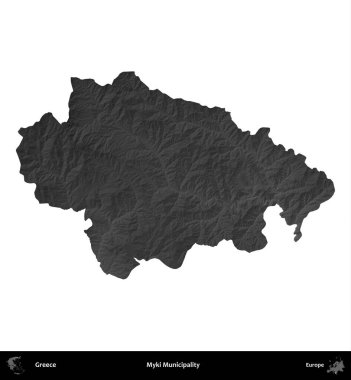 Myki Belediyesi. Yunanistan 'ın idari bölgesi gri ölçekli yükseklik haritasında beyaza izole edildi