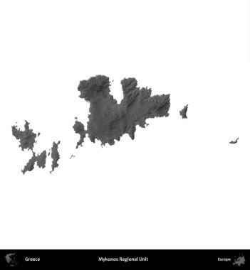 Mykonos Bölgesel Birimi. Yunanistan 'ın idari bölgesi gri ölçekli yükseklik haritasında beyaza izole edildi