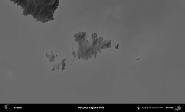 Mykonos Bölgesel Birimi. Yunanistan 'ın idari alanı kararmış bir gri tonlama yükseklik haritasına vurgulandı ve ana hatları çizildi