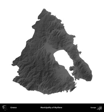 Mytilene Belediyesi. Yunanistan 'ın idari bölgesi gri ölçekli yükseklik haritasında beyaza izole edildi