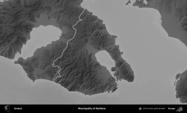 Mytilene Belediyesi. Yunanistan 'ın idari bölgesi gri ölçekli bir yükselme haritasında özetlendi