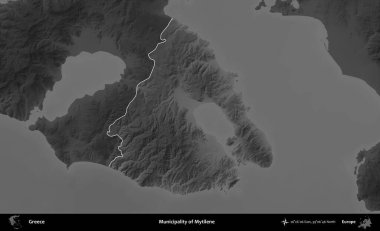 Mytilene Belediyesi. Yunanistan 'ın idari alanı kararmış bir gri tonlama yükseklik haritasına vurgulandı ve ana hatları çizildi