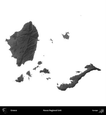 Naxos Bölgesel Birimi. Yunanistan 'ın idari bölgesi gri ölçekli yükseklik haritasında beyaza izole edildi