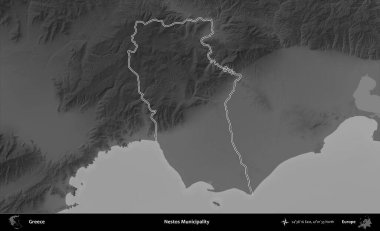 Nestos Belediyesi. Yunanistan 'ın idari bölgesi gri ölçekli bir yükselme haritasında özetlendi