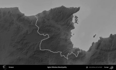 Agios Nikolaos Belediyesi. Yunanistan 'ın idari bölgesi gri ölçekli bir yükselme haritasında özetlendi