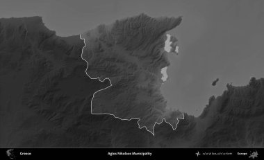 Agios Nikolaos Belediyesi. Yunanistan 'ın idari alanı kararmış bir gri tonlama yükseklik haritasına vurgulandı ve ana hatları çizildi