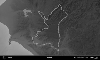 Olympia. Yunanistan 'ın idari bölgesi gri ölçekli bir yükselme haritasında özetlendi