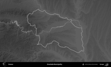 Orestiada Belediyesi. Yunanistan 'ın idari bölgesi gri ölçekli bir yükselme haritasında özetlendi