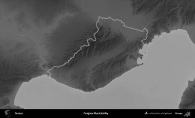 Pangaio Belediyesi. Yunanistan 'ın idari bölgesi gri ölçekli bir yükselme haritasında özetlendi