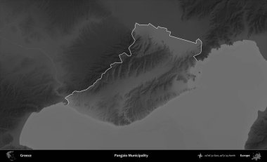 Pangaio Belediyesi. Yunanistan 'ın idari alanı kararmış bir gri tonlama yükseklik haritasına vurgulandı ve ana hatları çizildi