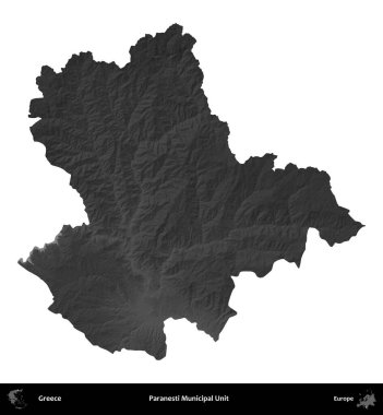 Paranesti Belediye Birimi. Yunanistan 'ın idari bölgesi gri ölçekli yükseklik haritasında beyaza izole edildi