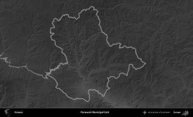 Paranesti Belediye Birimi. Yunanistan 'ın idari bölgesi gri ölçekli bir yükselme haritasında özetlendi