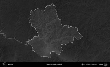 Paranesti Belediye Birimi. Yunanistan 'ın idari alanı kararmış bir gri tonlama yükseklik haritasına vurgulandı ve ana hatları çizildi