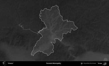 Paranesti Belediyesi. Yunanistan 'ın idari alanı kararmış bir gri tonlama yükseklik haritasına vurgulandı ve ana hatları çizildi