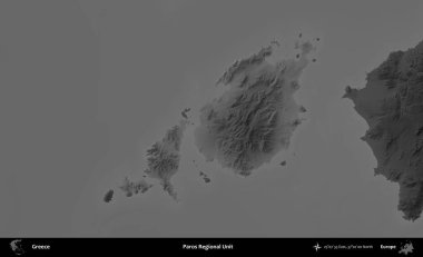 Paros Bölgesel Birimi. Yunanistan 'ın idari alanı kararmış bir gri tonlama yükseklik haritasına vurgulandı ve ana hatları çizildi