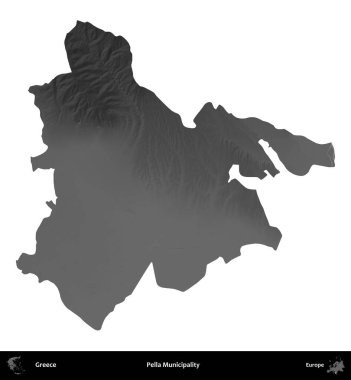 Pella Belediyesi. Yunanistan 'ın idari bölgesi gri ölçekli yükseklik haritasında beyaza izole edildi