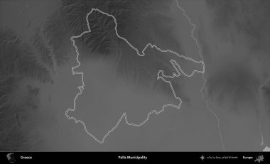 Pella Belediyesi. Yunanistan 'ın idari bölgesi gri ölçekli bir yükselme haritasında özetlendi