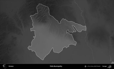 Pella Belediyesi. Yunanistan 'ın idari alanı kararmış bir gri tonlama yükseklik haritasına vurgulandı ve ana hatları çizildi