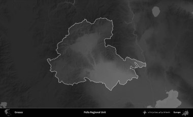 Pella Bölgesel Birimi. Yunanistan 'ın idari alanı kararmış bir gri tonlama yükseklik haritasına vurgulandı ve ana hatları çizildi