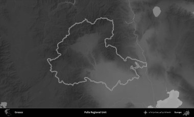 Pella Bölgesel Birimi. Yunanistan 'ın idari bölgesi gri ölçekli bir yükselme haritasında özetlendi