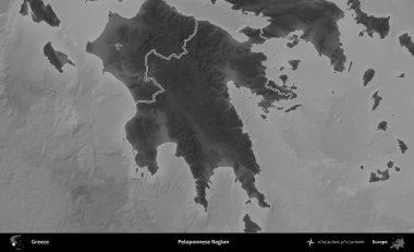 Mora Bölgesi 'nde. Yunanistan 'ın idari bölgesi gri ölçekli bir yükselme haritasında özetlendi