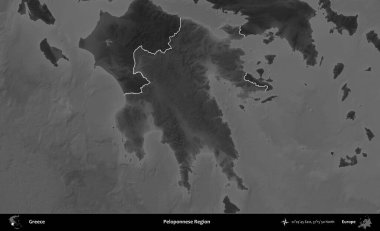 Mora Bölgesi 'nde. Yunanistan 'ın idari alanı kararmış bir gri tonlama yükseklik haritasına vurgulandı ve ana hatları çizildi