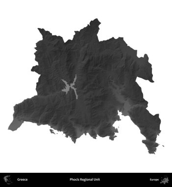 Focis Bölgesel Birimi. Yunanistan 'ın idari bölgesi gri ölçekli yükseklik haritasında beyaza izole edildi
