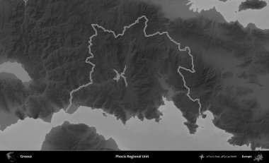 Focis Bölgesel Birimi. Yunanistan 'ın idari bölgesi gri ölçekli bir yükselme haritasında özetlendi
