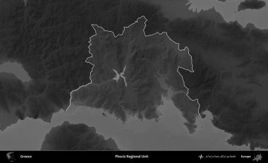 Focis Bölgesel Birimi. Yunanistan 'ın idari alanı kararmış bir gri tonlama yükseklik haritasına vurgulandı ve ana hatları çizildi