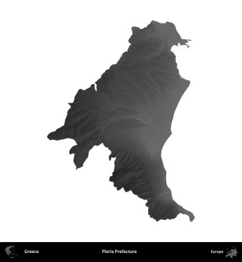 Pieria Bölgesi. Yunanistan 'ın idari bölgesi gri ölçekli yükseklik haritasında beyaza izole edildi