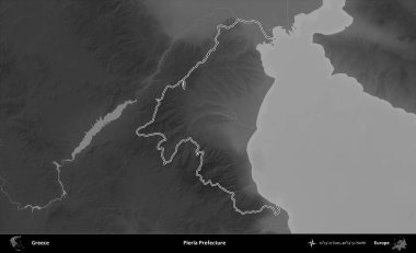 Pieria Bölgesi. Yunanistan 'ın idari bölgesi gri ölçekli bir yükselme haritasında özetlendi