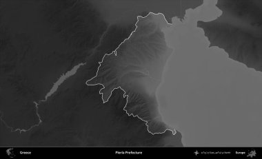 Pieria Bölgesi. Yunanistan 'ın idari alanı kararmış bir gri tonlama yükseklik haritasına vurgulandı ve ana hatları çizildi