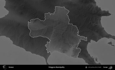 Poligyros Belediyesi. Yunanistan 'ın idari alanı kararmış bir gri tonlama yükseklik haritasına vurgulandı ve ana hatları çizildi