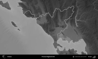 Preveza Bölgesel Birimi. Yunanistan 'ın idari bölgesi gri ölçekli bir yükselme haritasında özetlendi