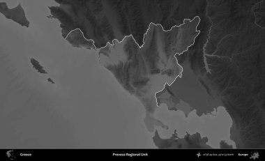 Preveza Bölgesel Birimi. Yunanistan 'ın idari alanı kararmış bir gri tonlama yükseklik haritasına vurgulandı ve ana hatları çizildi