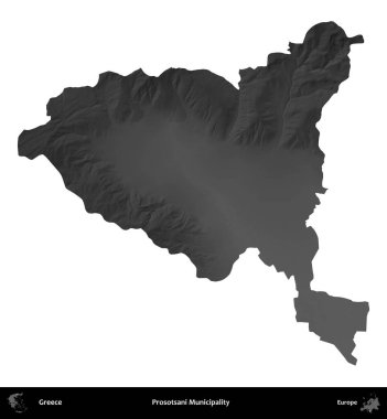 Prosotsani Belediyesi. Yunanistan 'ın idari bölgesi gri ölçekli yükseklik haritasında beyaza izole edildi