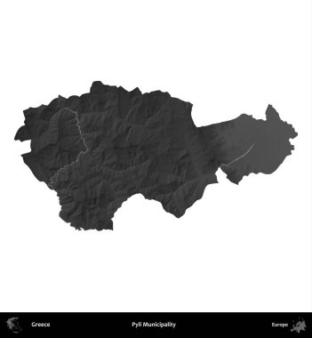 Pyli Belediyesi. Yunanistan 'ın idari bölgesi gri ölçekli yükseklik haritasında beyaza izole edildi