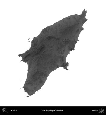 Rodos Belediyesi. Yunanistan 'ın idari bölgesi gri ölçekli yükseklik haritasında beyaza izole edildi