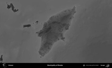 Rodos Belediyesi. Yunanistan 'ın idari alanı kararmış bir gri tonlama yükseklik haritasına vurgulandı ve ana hatları çizildi