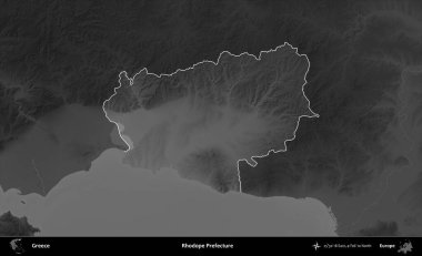 Rodop Bölgesi. Yunanistan 'ın idari alanı kararmış bir gri tonlama yükseklik haritasına vurgulandı ve ana hatları çizildi