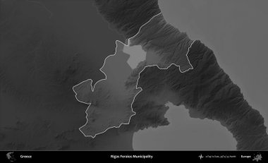 Rigas Feraios Belediyesi. Yunanistan 'ın idari alanı kararmış bir gri tonlama yükseklik haritasına vurgulandı ve ana hatları çizildi