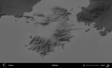 Salamina. Yunanistan 'ın idari alanı kararmış bir gri tonlama yükseklik haritasına vurgulandı ve ana hatları çizildi
