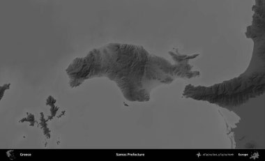 Samos Bölgesi. Yunanistan 'ın idari alanı kararmış bir gri tonlama yükseklik haritasına vurgulandı ve ana hatları çizildi