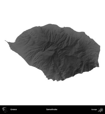 Samothrake. Yunanistan 'ın idari bölgesi gri ölçekli yükseklik haritasında beyaza izole edildi