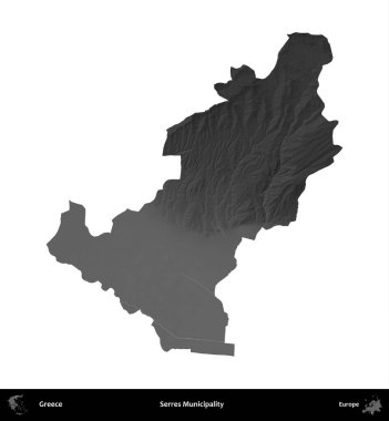 Serres Belediyesi. Yunanistan 'ın idari bölgesi gri ölçekli yükseklik haritasında beyaza izole edildi
